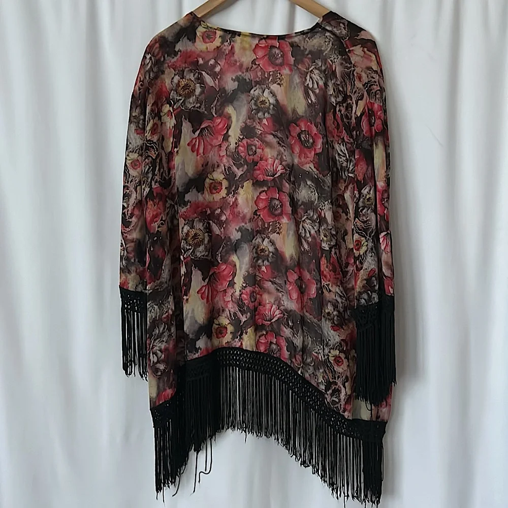 Sans Souci Beautiful Floral 3/4 Sleeve Fringed Kimono Shirt Top **Size S** 🌺🌺 - Picture 2 of 5